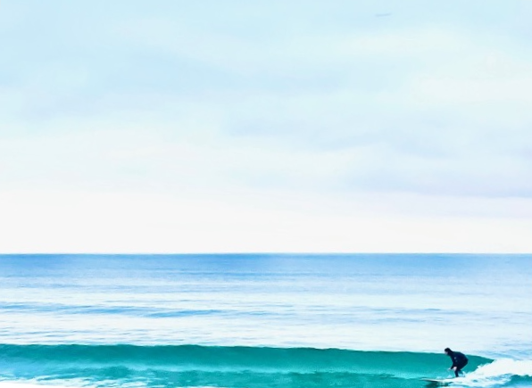 Surfer riding a wave near a coastline